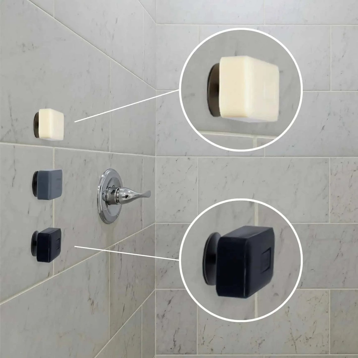 THE UNDERARM BAR WITH SOAP DOCK by kaia naturals – Wall-mounted soap system in a shower with marble tiles.