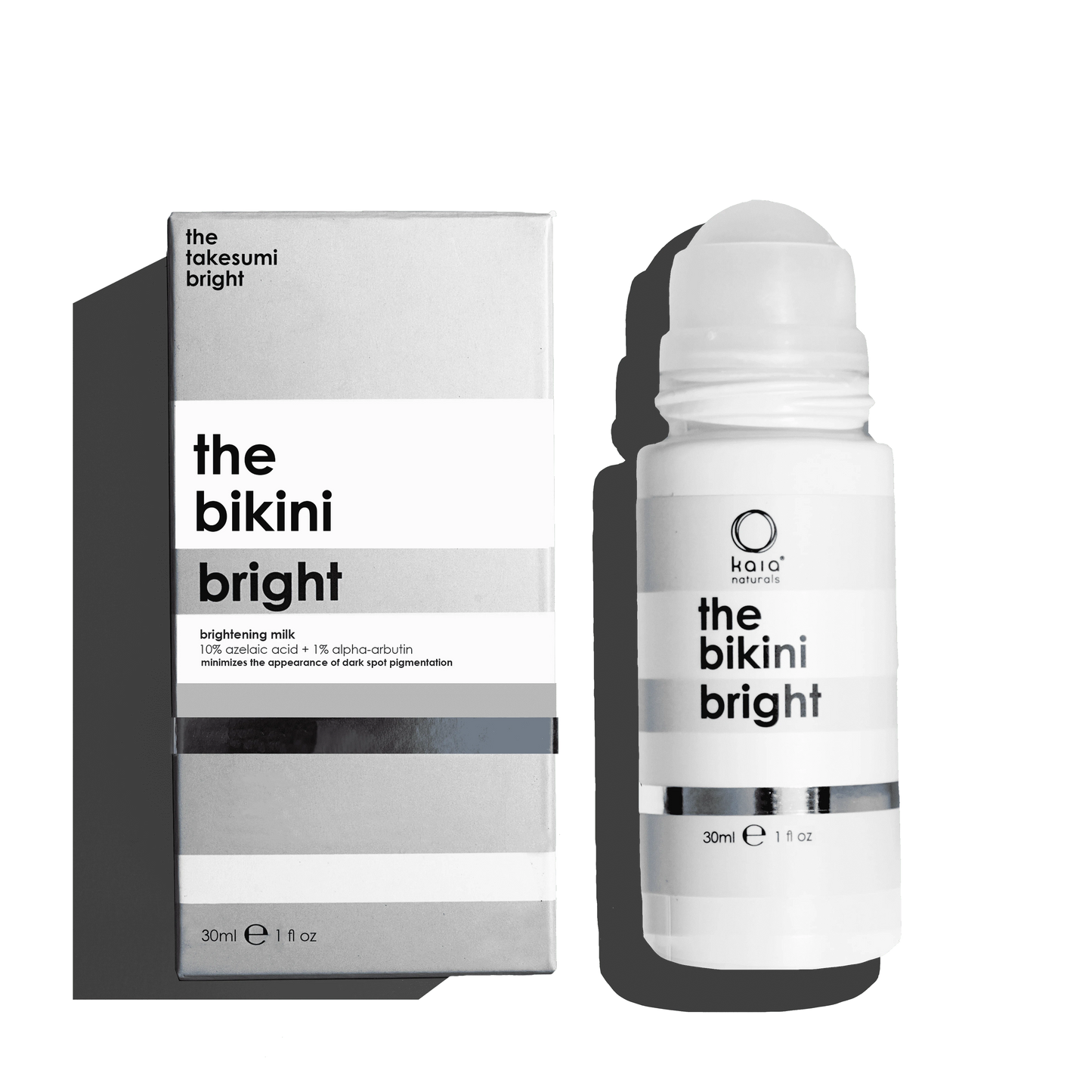 THE BIKINI BRIGHT BRIGHTENING MILK by Kaia Naturals, available in travel size with 30ml packaging.