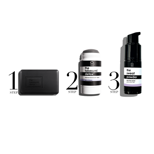 Kaia Naturals 3-Step System for excess odor and sweat underarm bar charcoal deodorant and sweat powder